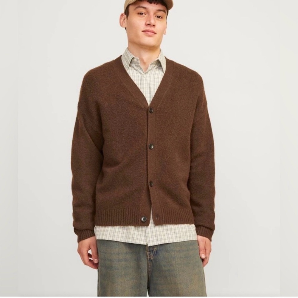 NWT JACK & JONES Brown Knitted Cardigan V-Neck Sweater Size XL $55 MSRP